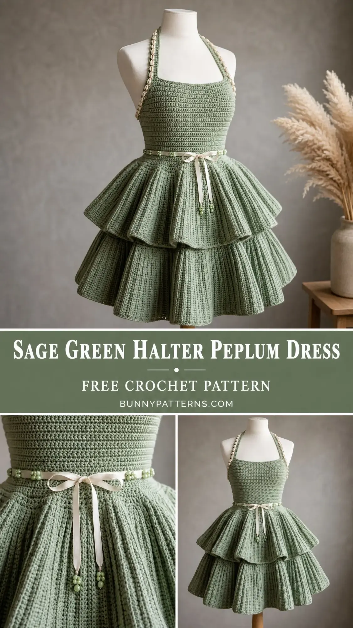 Sage Green Halter Peplum Dress Free Crochet Pattern
