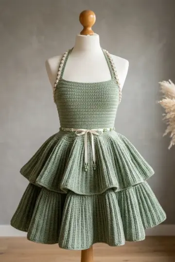 Sage Green Halter Peplum Dress Free Crochet Pattern