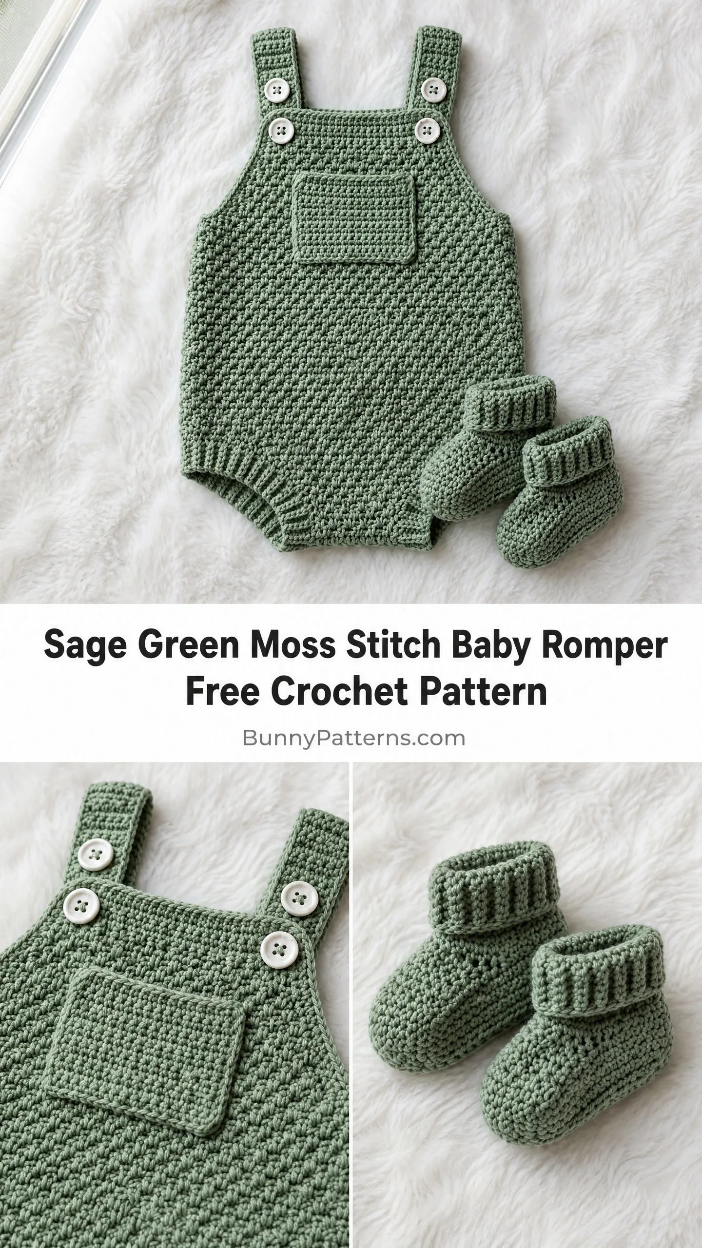 Sage Green Moss Stitch Baby Romper Free Crochet Pattern