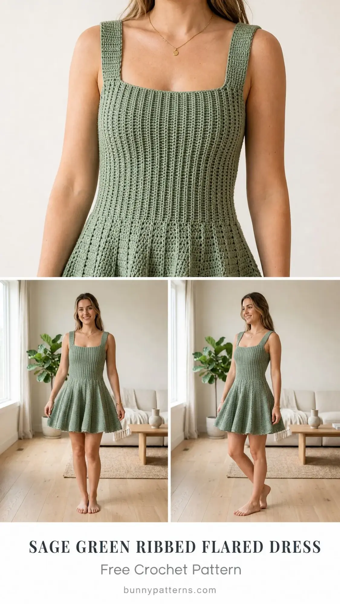 Sage Green Ribbed Flared Dress Free Crochet Pattern