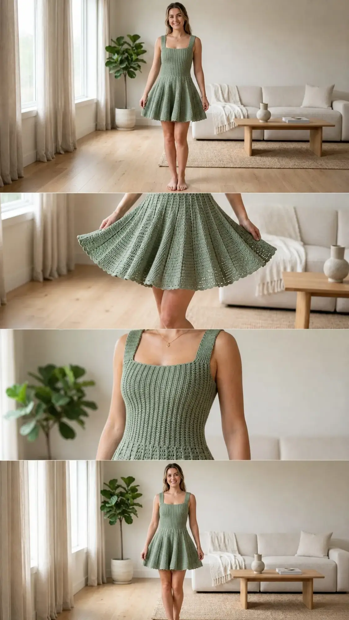 Sage Green Ribbed Flared Dress Free Crochet Pattern