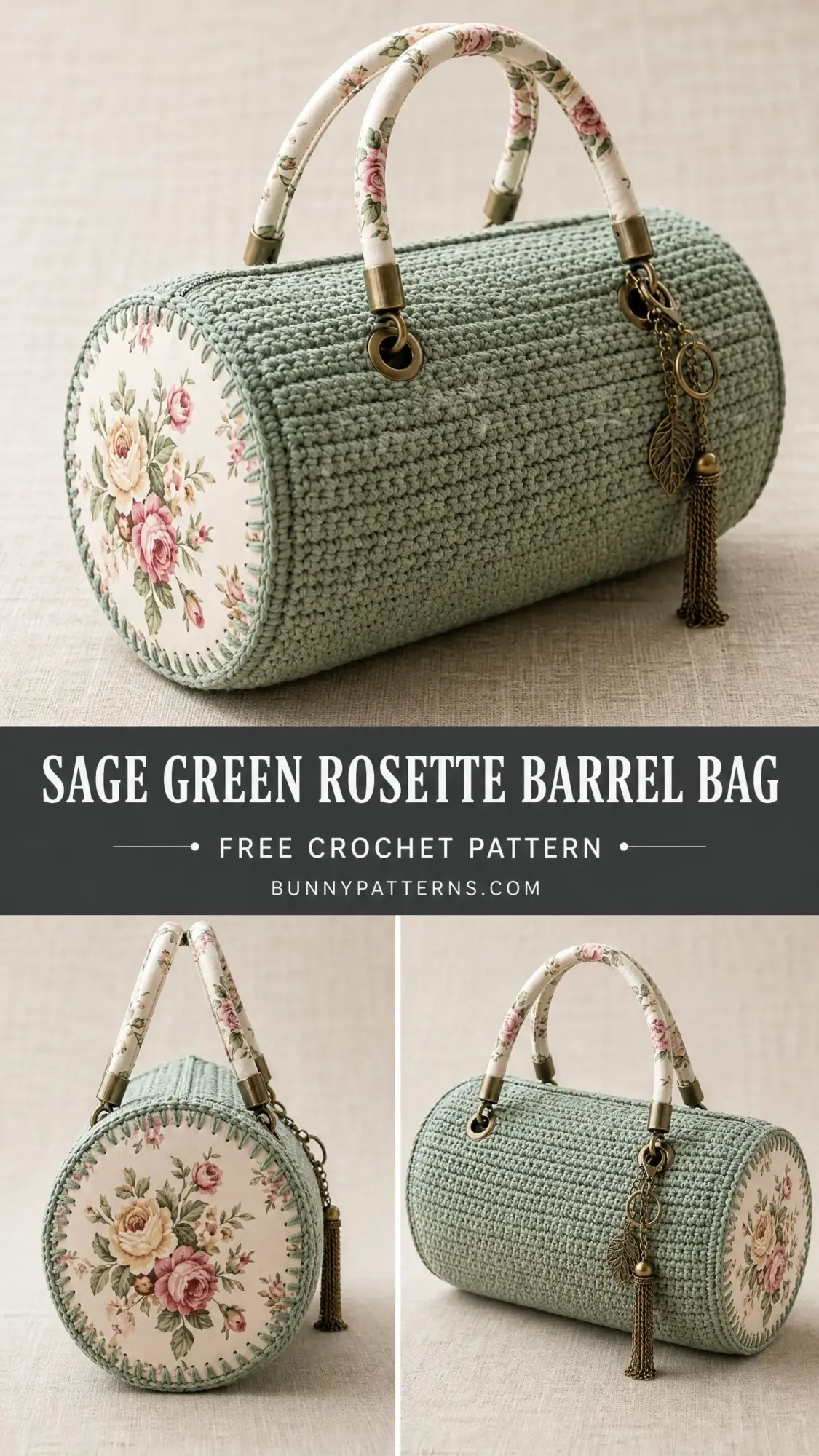 Sage Green Rosette Barrel Bag Free Crochet Pattern