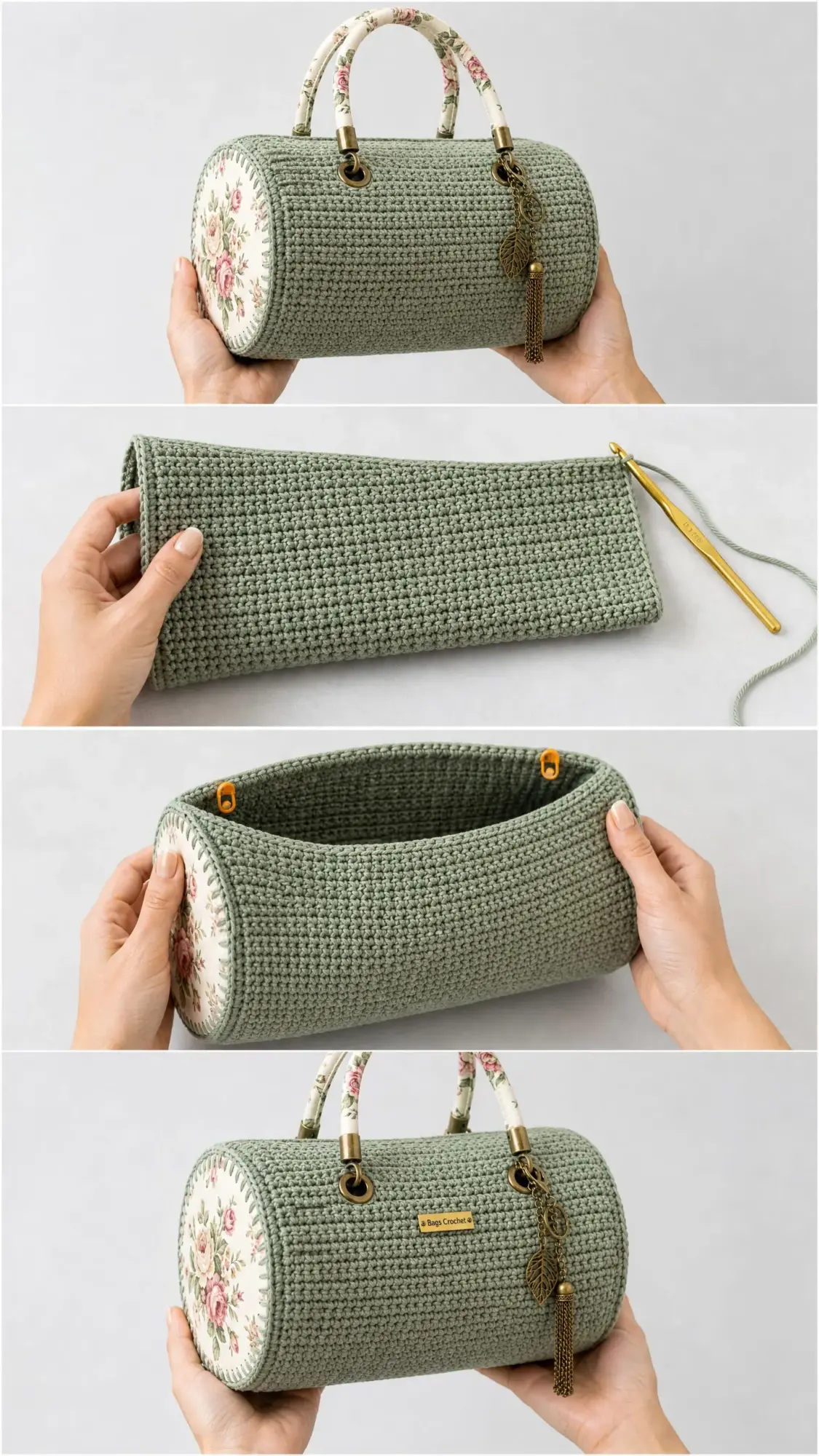 Sage Green Rosette Barrel Bag Free Crochet Pattern