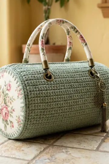 Sage Green Rosette Barrel Bag Free Crochet Pattern