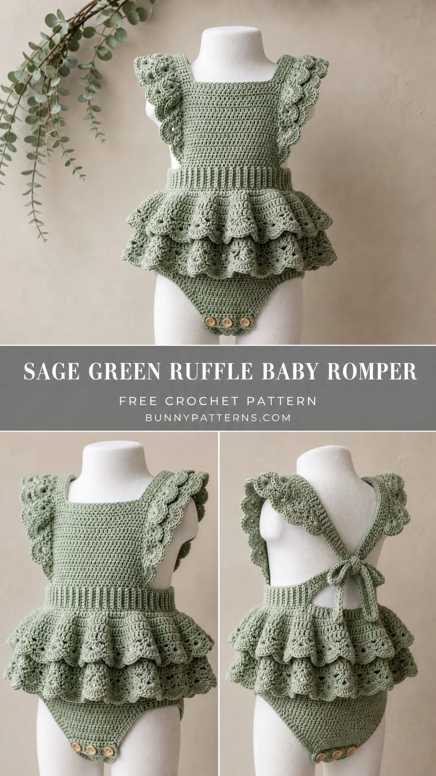 Sage Green Ruffle Baby Romper Free Crochet Pattern
