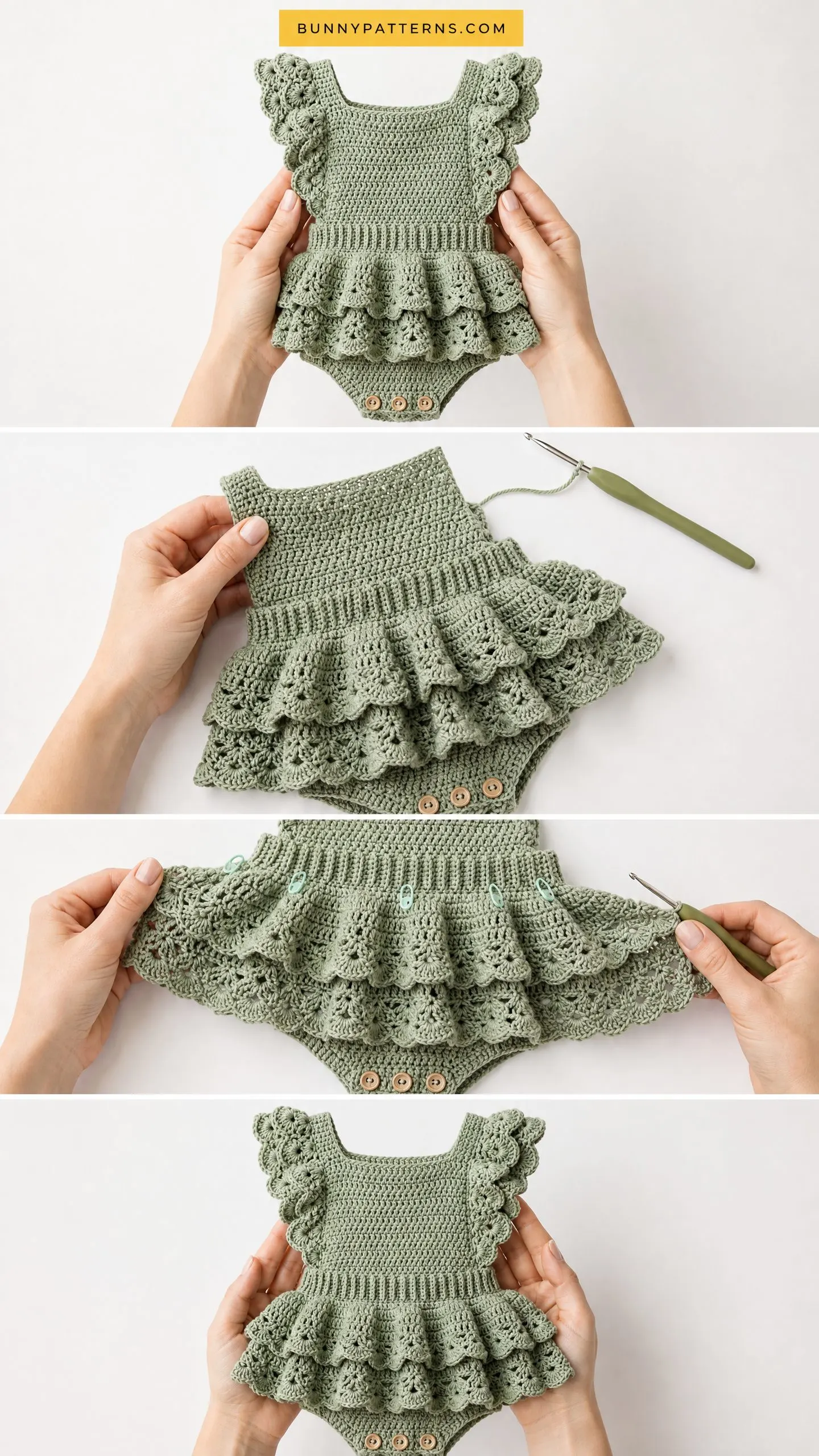 Sage Green Ruffle Baby Romper Free Crochet Pattern