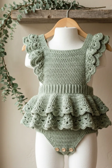 Sage Green Ruffle Baby Romper Free Crochet Pattern
