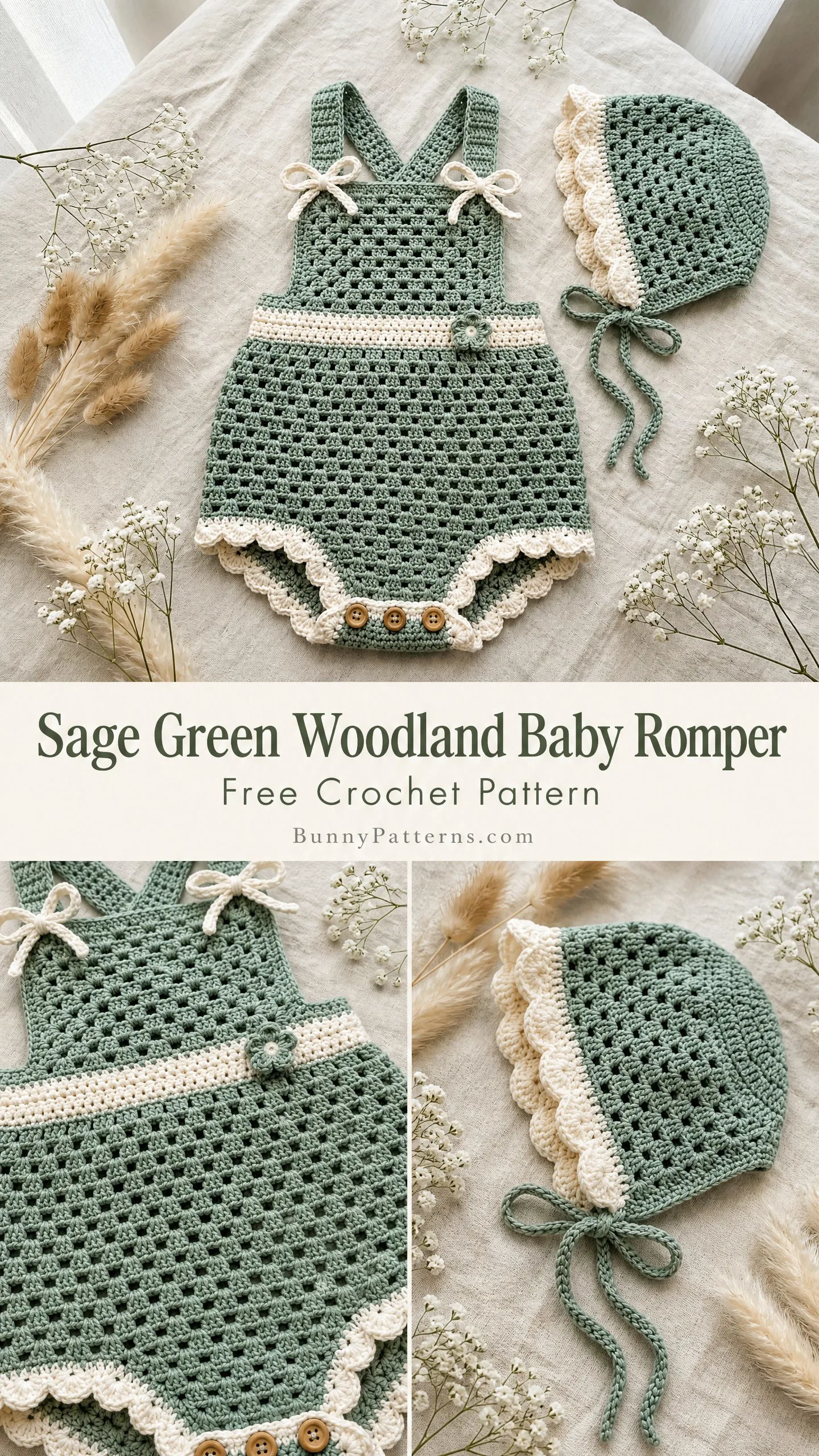 Sage Green Woodland Baby Romper Free Crochet Pattern