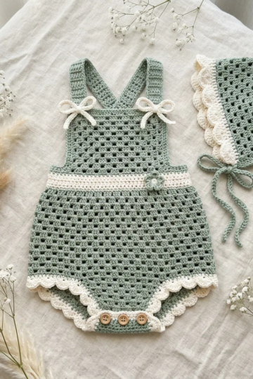 Sage Green Woodland Baby Romper Free Crochet Pattern