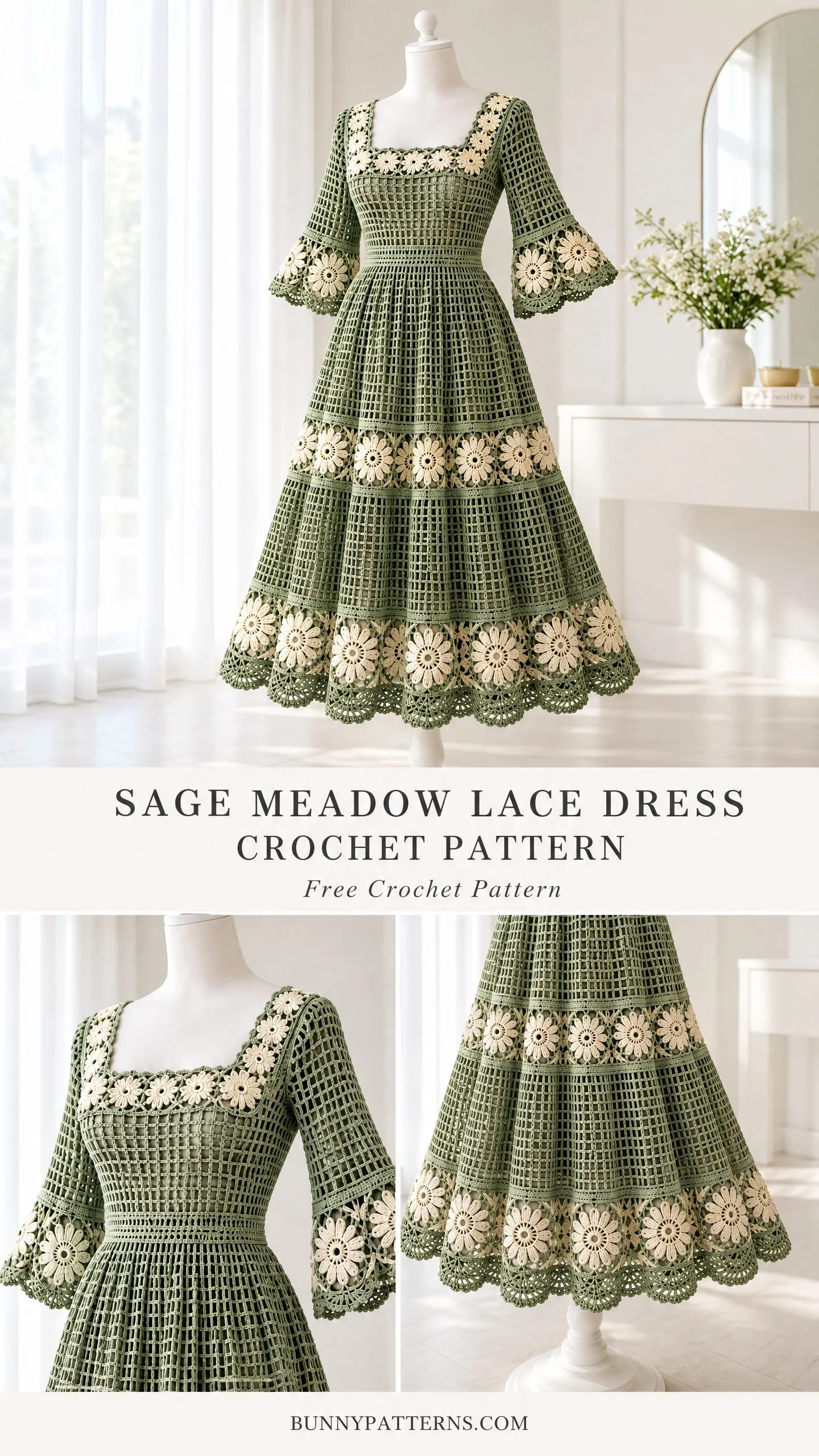 Handmade sage meadow lace dress featuring fitted mesh bodice, tiered flared skirt, and decorative cream flower motifs at hem