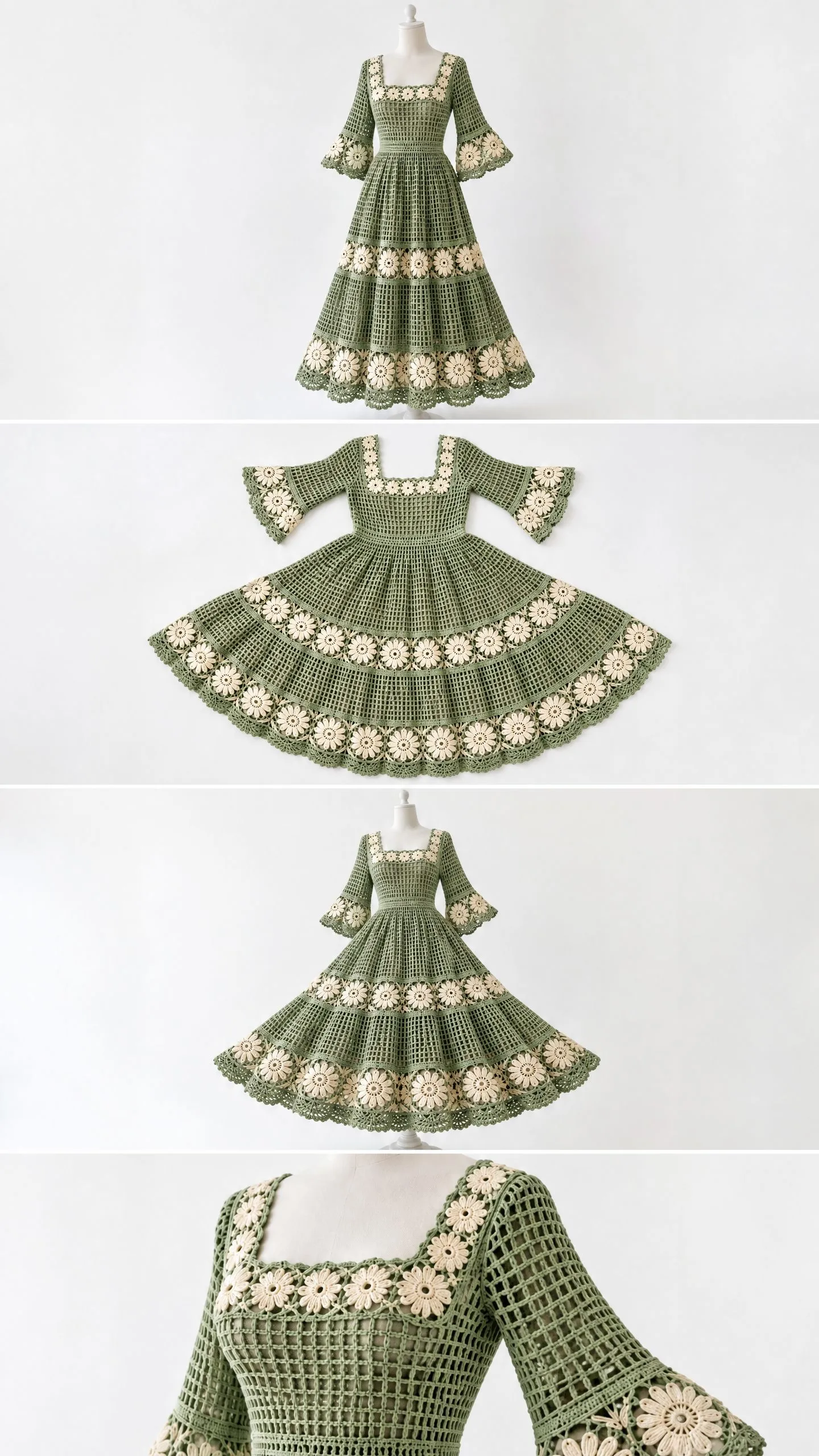 Elegant crochet dress in sage green cotton with ivory floral trim, scalloped hem edge, and romantic bell sleeves