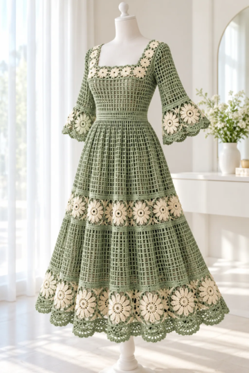 Sage green crochet lace dress with square neckline, bell sleeves, and ivory sunburst rosettes displayed on white mannequin