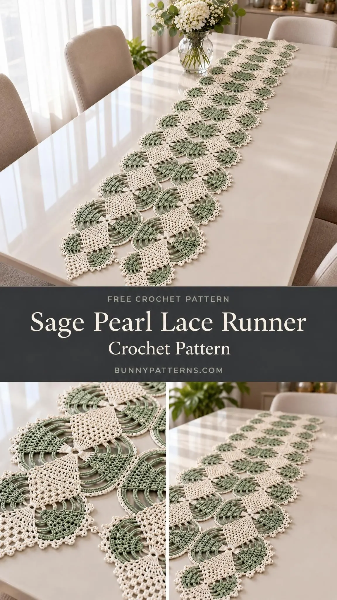 Close-up of the Sage Pearl Lace Runner showing filet diamond appliqués centered on arch medallions in two-tone cotton thread