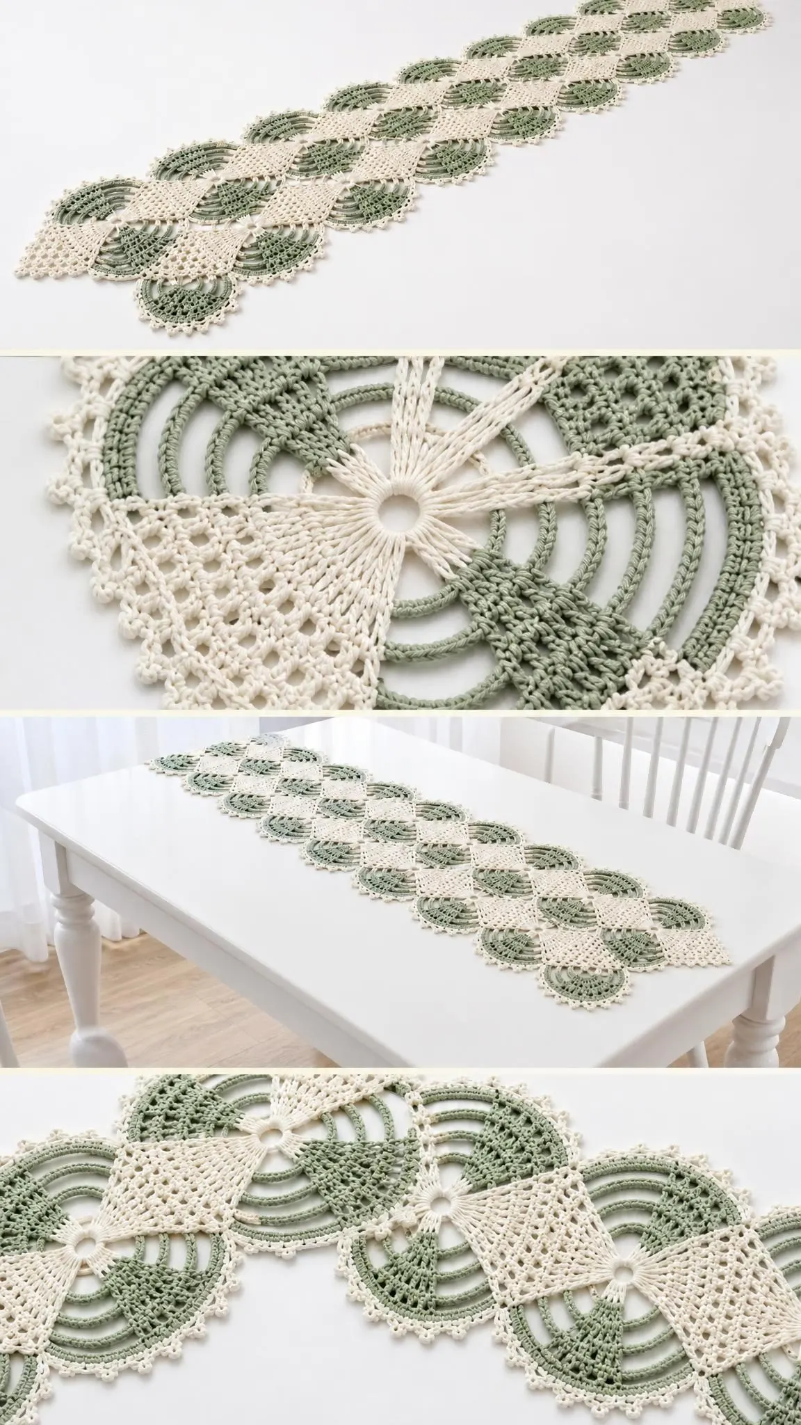 Finished Sage Pearl Lace Runner in sage and cream colors with decorative picot edging on a light wood surface