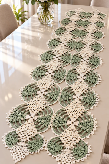 Sage green and pearl white crocheted lace table runner with circular medallions and diamond overlays displayed on a dining table