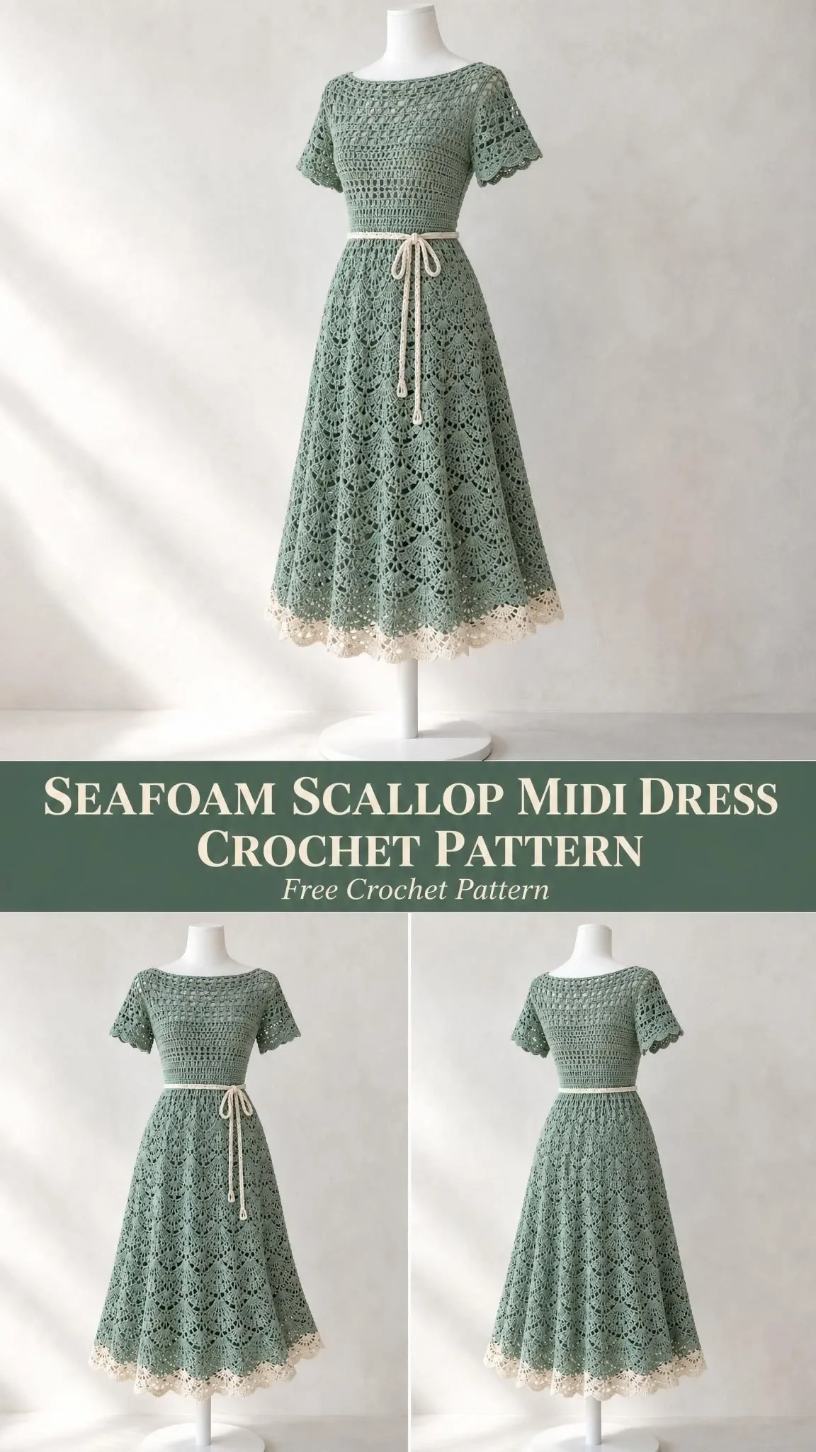 Handmade scallop stitch crochet dress in soft green cotton yarn with boat neckline and short sleeves