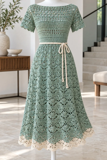 Seafoam green crochet midi dress with shell stitch pattern, ivory hem border, and slim tie belt displayed on dress form