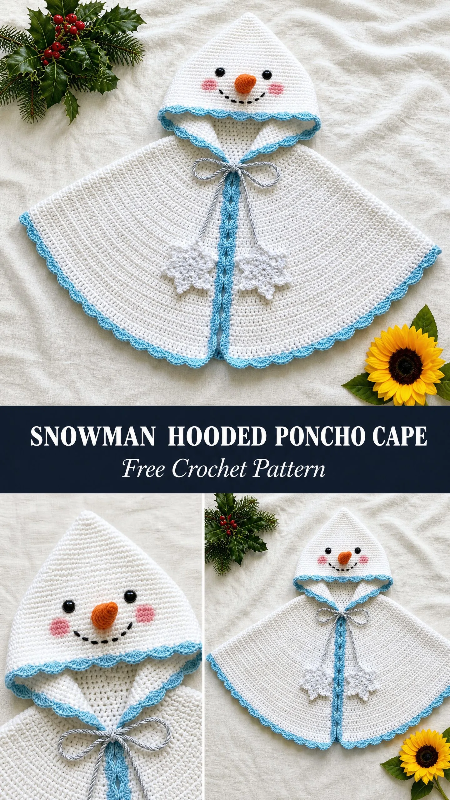 Snowman Hooded Poncho Cape Free Crochet Pattern