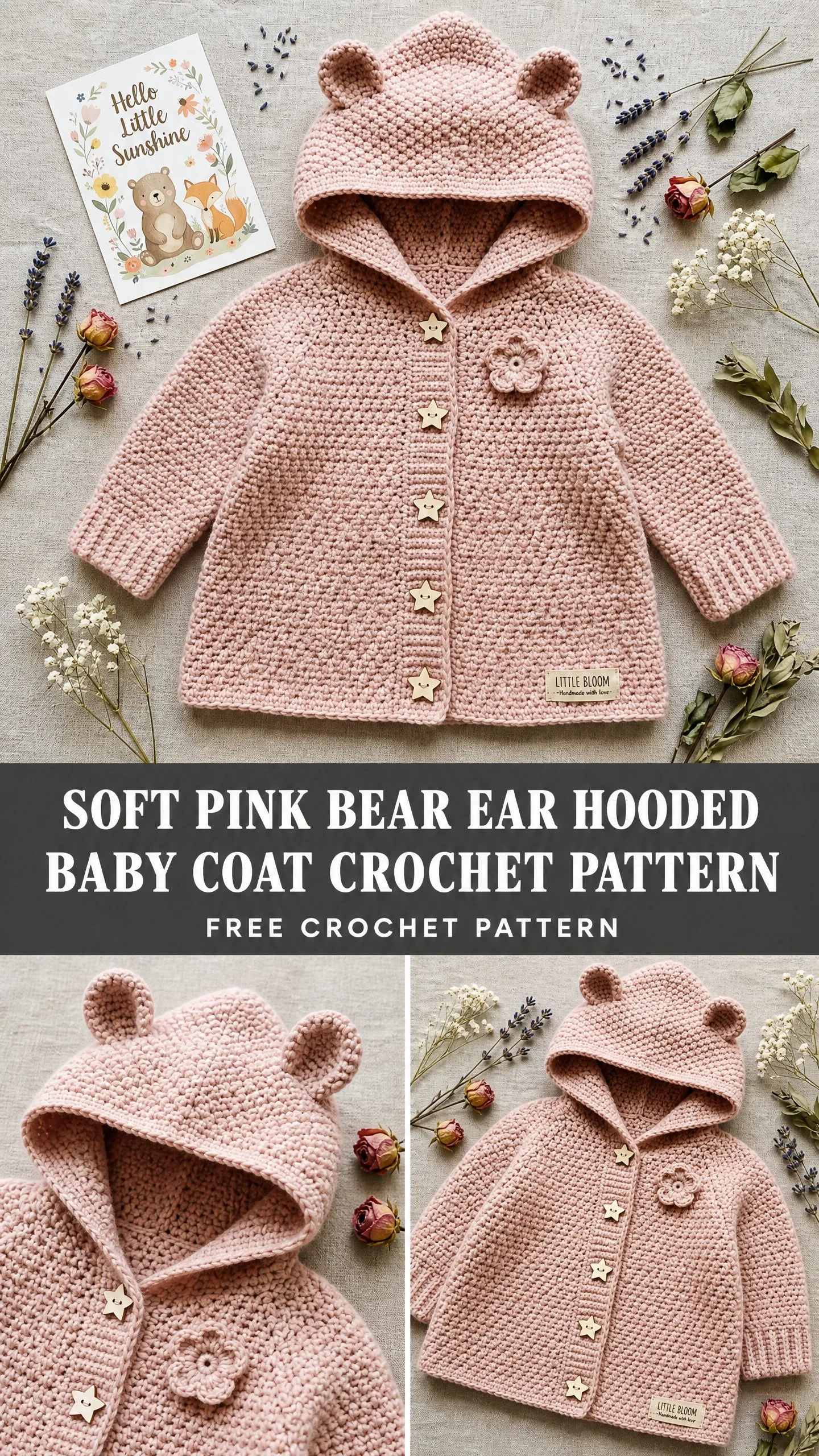 Soft Pink Bear Ear Hooded Baby Coat Free Crochet Pattern