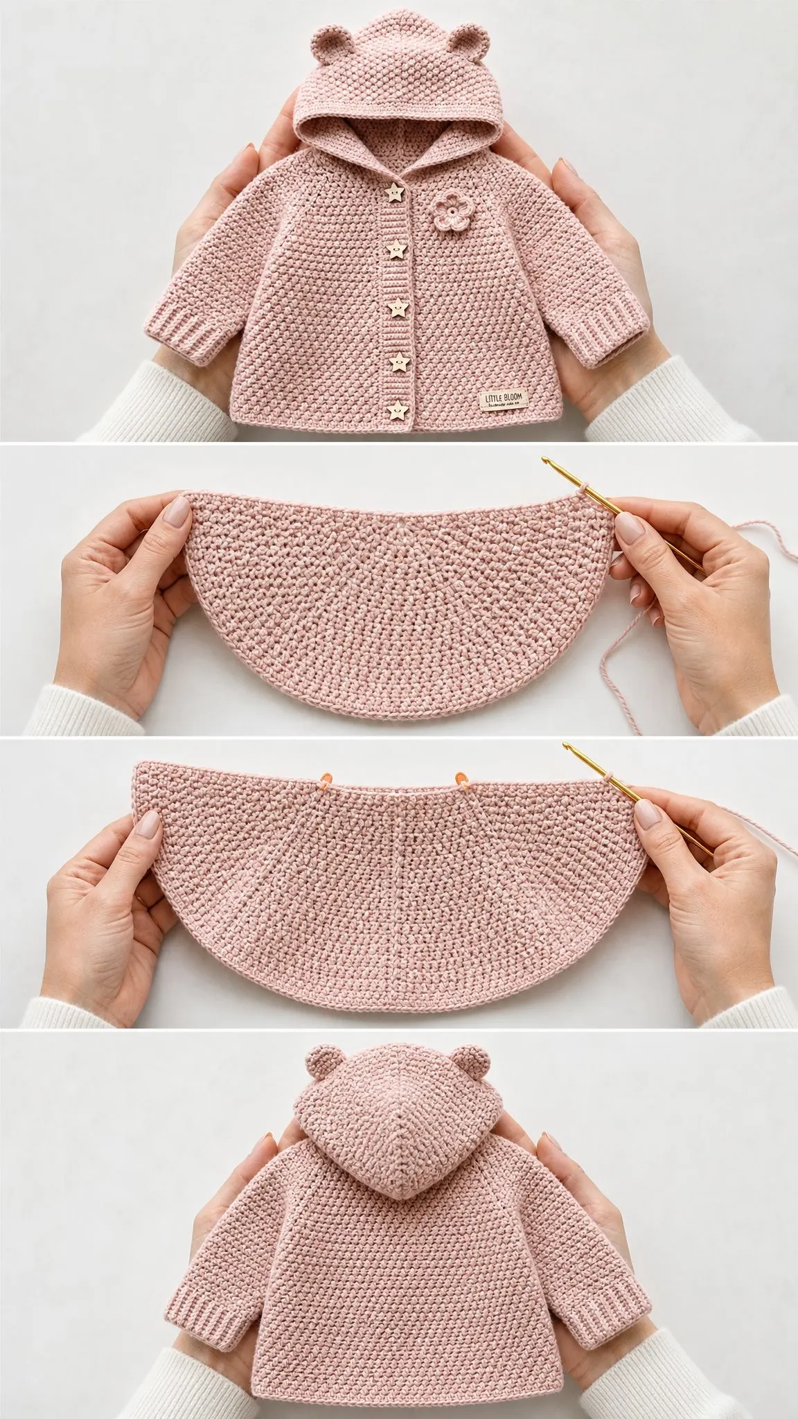Soft Pink Bear Ear Hooded Baby Coat Free Crochet Pattern