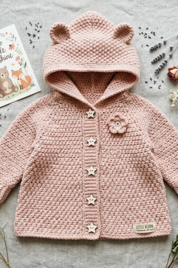 Soft Pink Bear Ear Hooded Baby Coat Free Crochet Pattern
