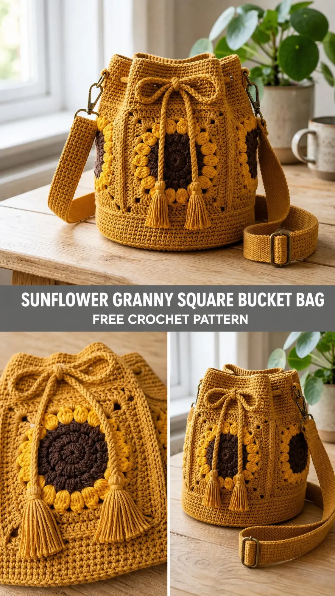 Sunflower Granny Square Bucket Bag Free Crochet Pattern