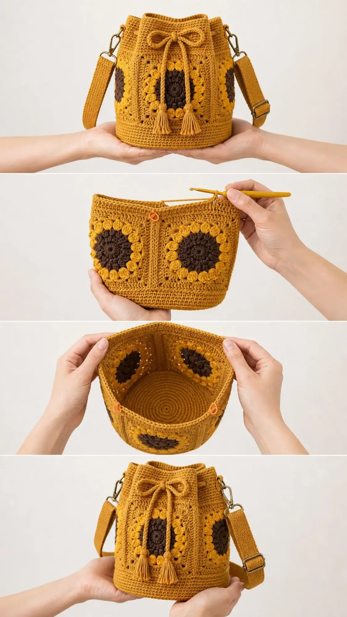 Sunflower Granny Square Bucket Bag Free Crochet Pattern