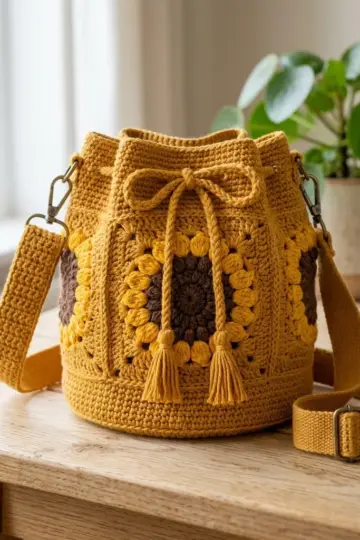 Sunflower Granny Square Bucket Bag Free Crochet Pattern