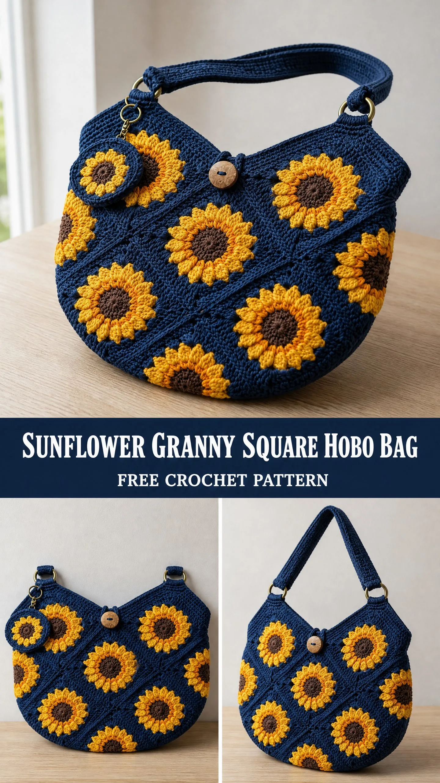 Sunflower Granny Square Hobo Bag Free Crochet Pattern