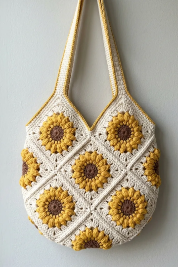 Sunflower Granny Square Market Bag Free Crochet Pattern