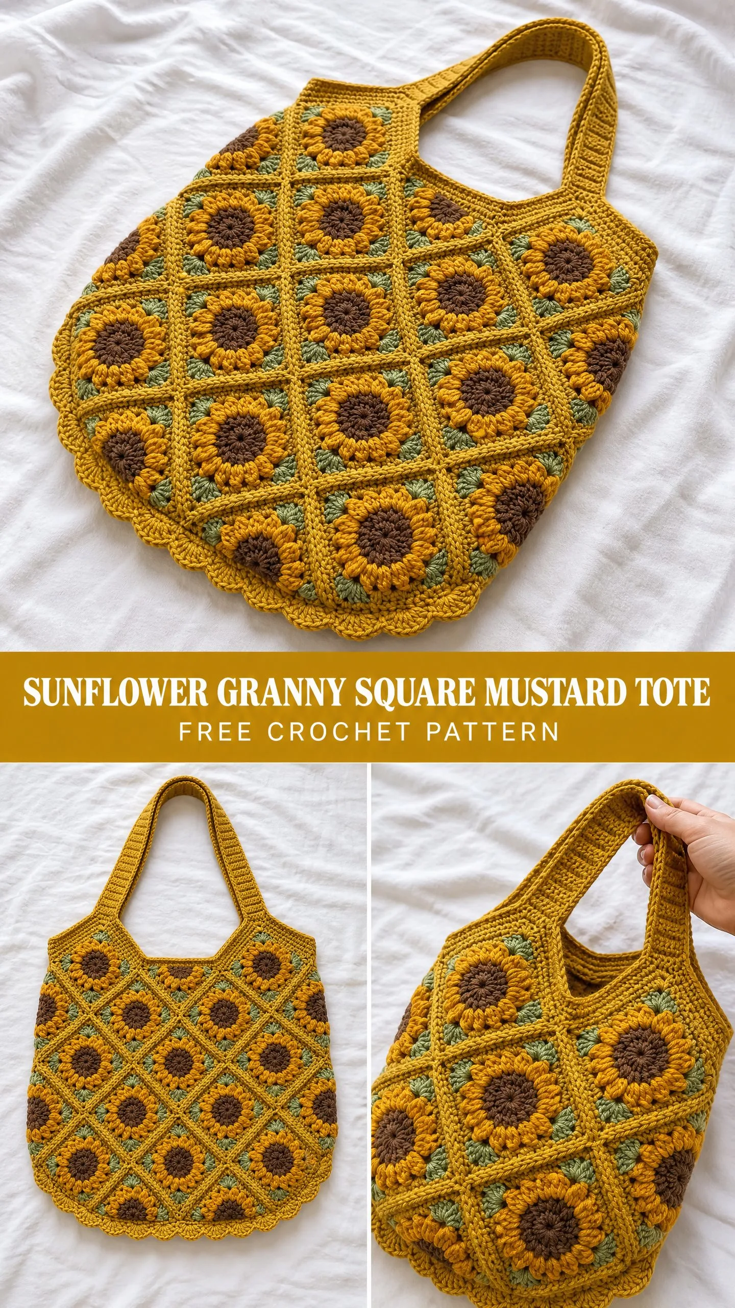 Sunflower Granny Square Mustard Tote Free Crochet Pattern