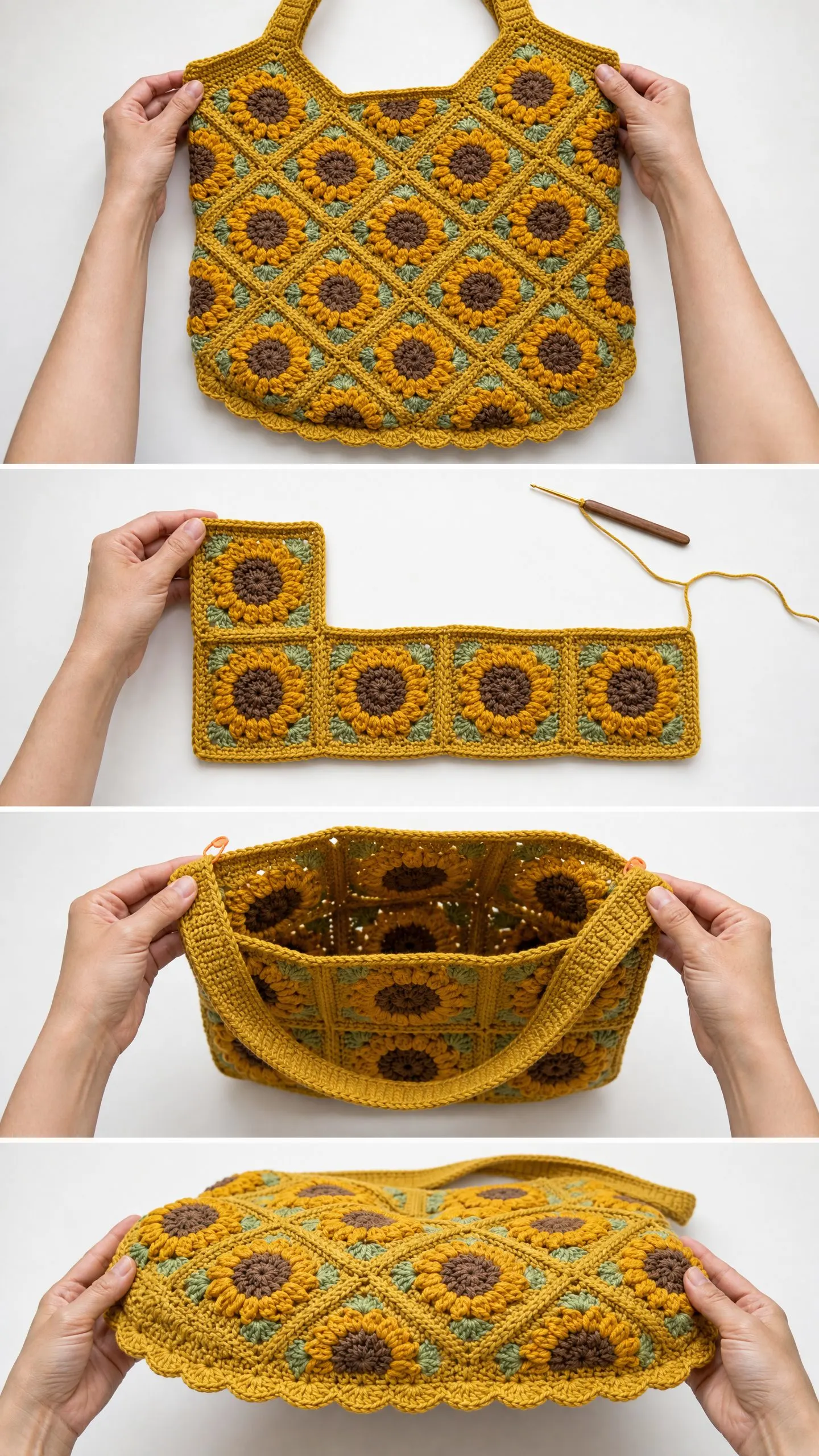 Sunflower Granny Square Mustard Tote Free Crochet Pattern
