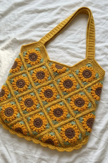 Sunflower Granny Square Mustard Tote Free Crochet Pattern
