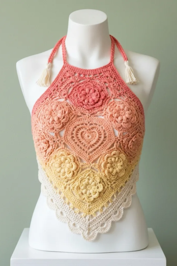 Sunset Gradient Floral Heart Halter Free Crochet Pattern