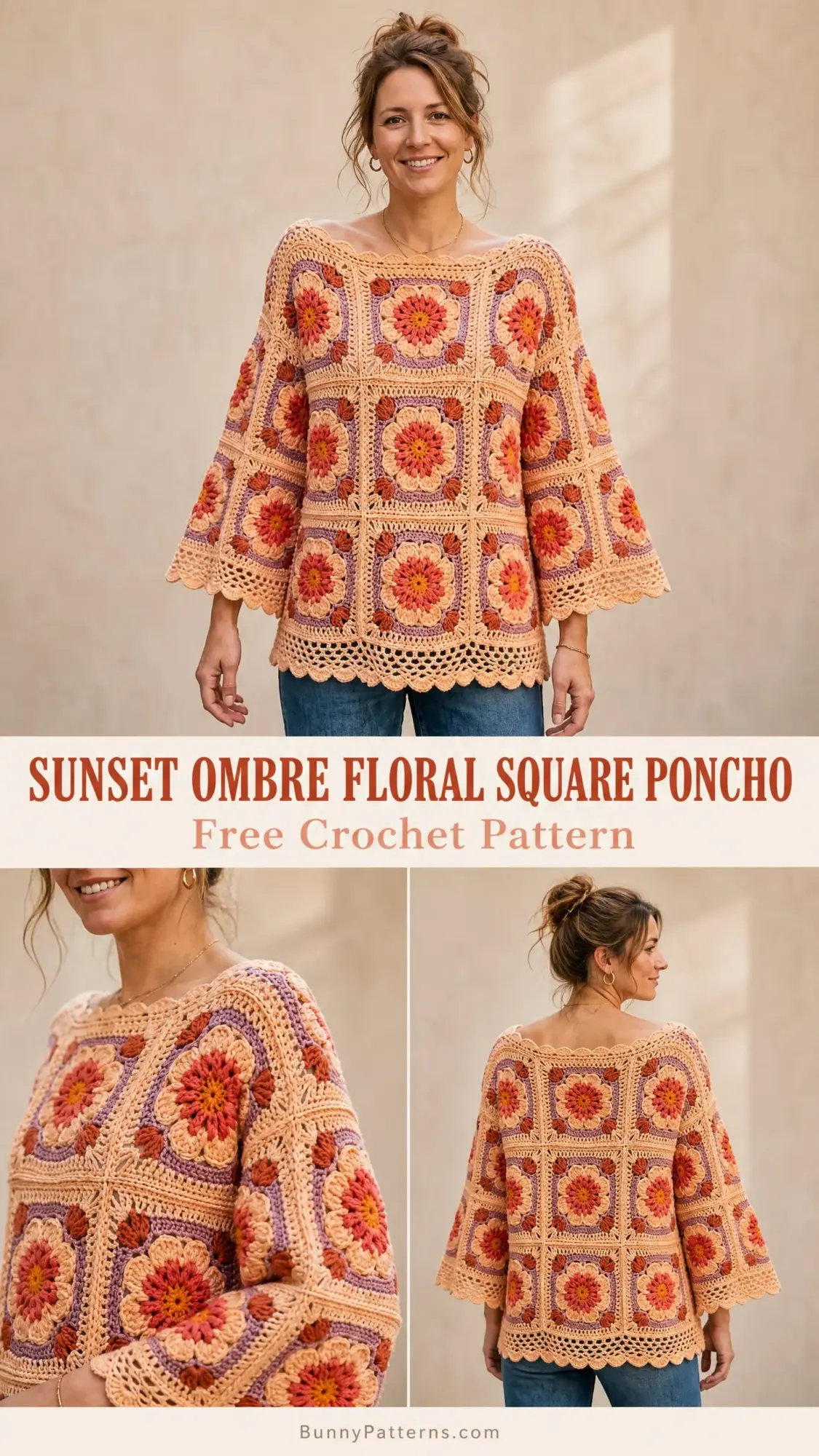 Sunset Ombre Floral Square Poncho Free Crochet Pattern