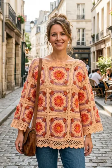 Sunset Ombre Floral Square Poncho Free Crochet Pattern