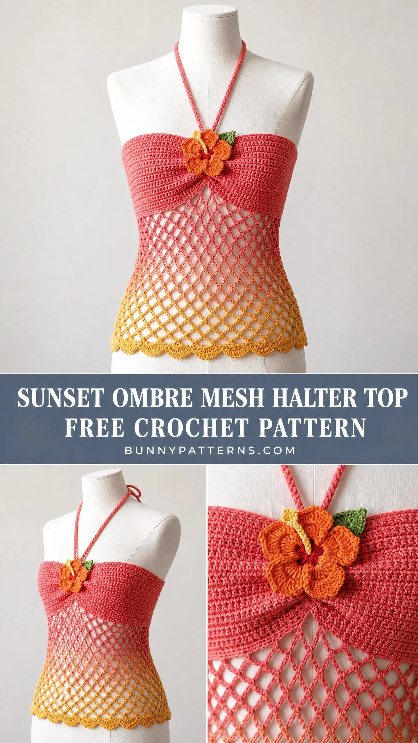 Sunset Ombre Mesh Halter Top Free Crochet Pattern