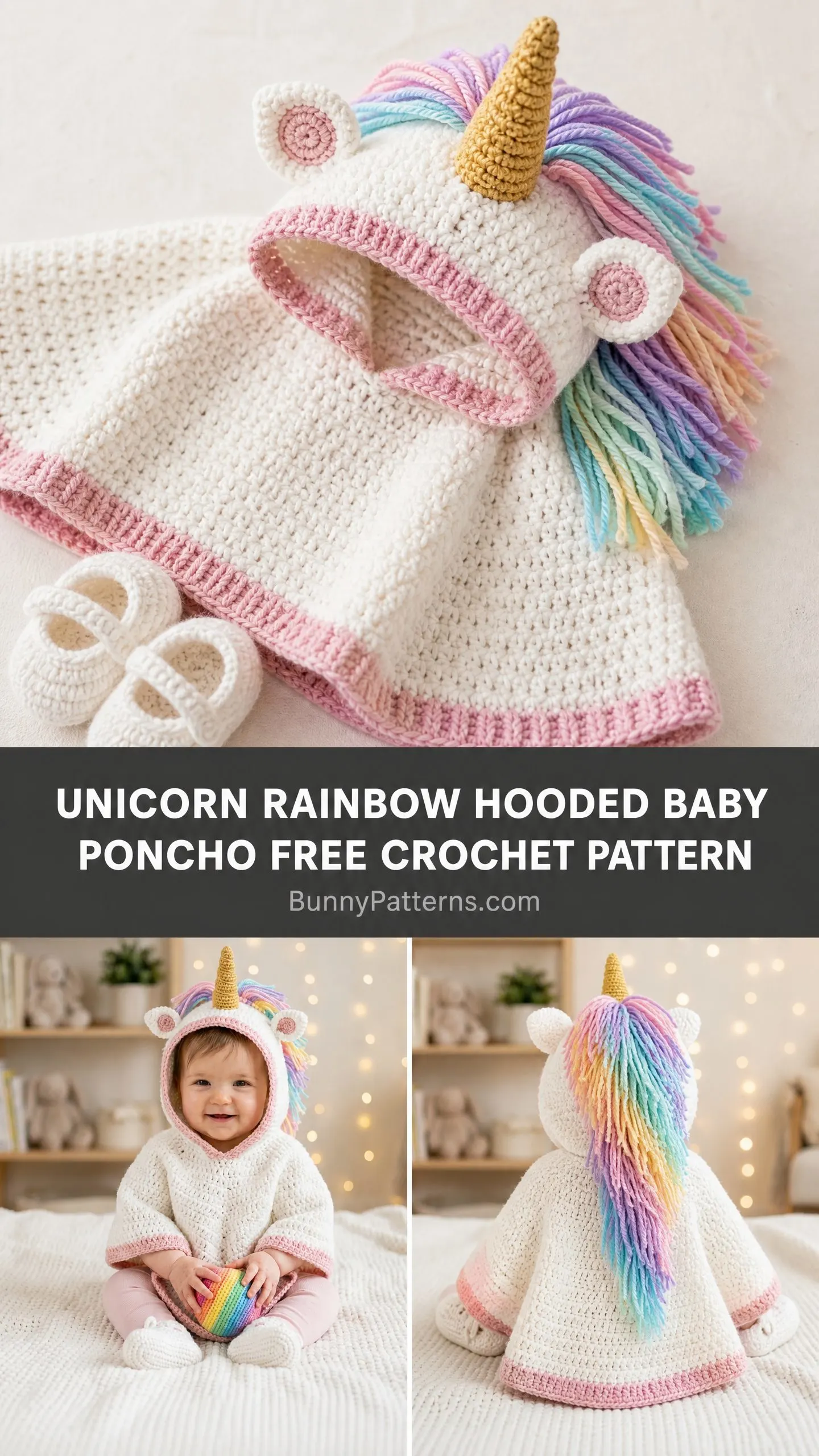 Unicorn Rainbow Hooded Baby Poncho Free Crochet Pattern