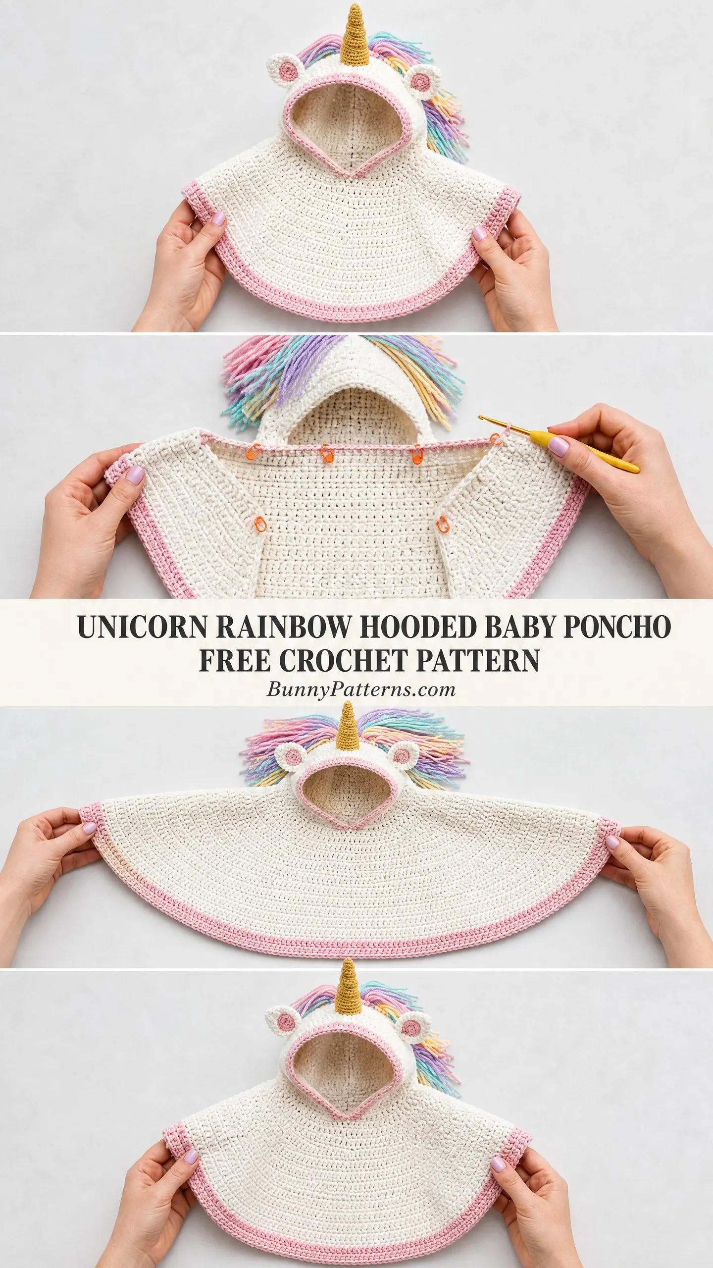 Unicorn Rainbow Hooded Baby Poncho Free Crochet Pattern
