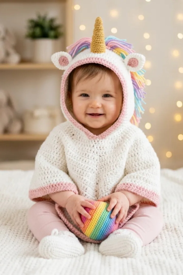 Unicorn Rainbow Hooded Baby Poncho Free Crochet Pattern